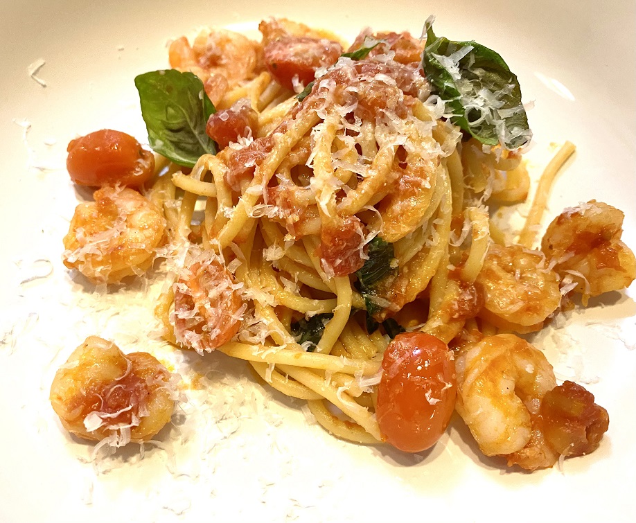 Bucatini Pasta Pomodoro with Shrimp