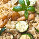 Farfalle pasta with zucchini and shrimp rigate