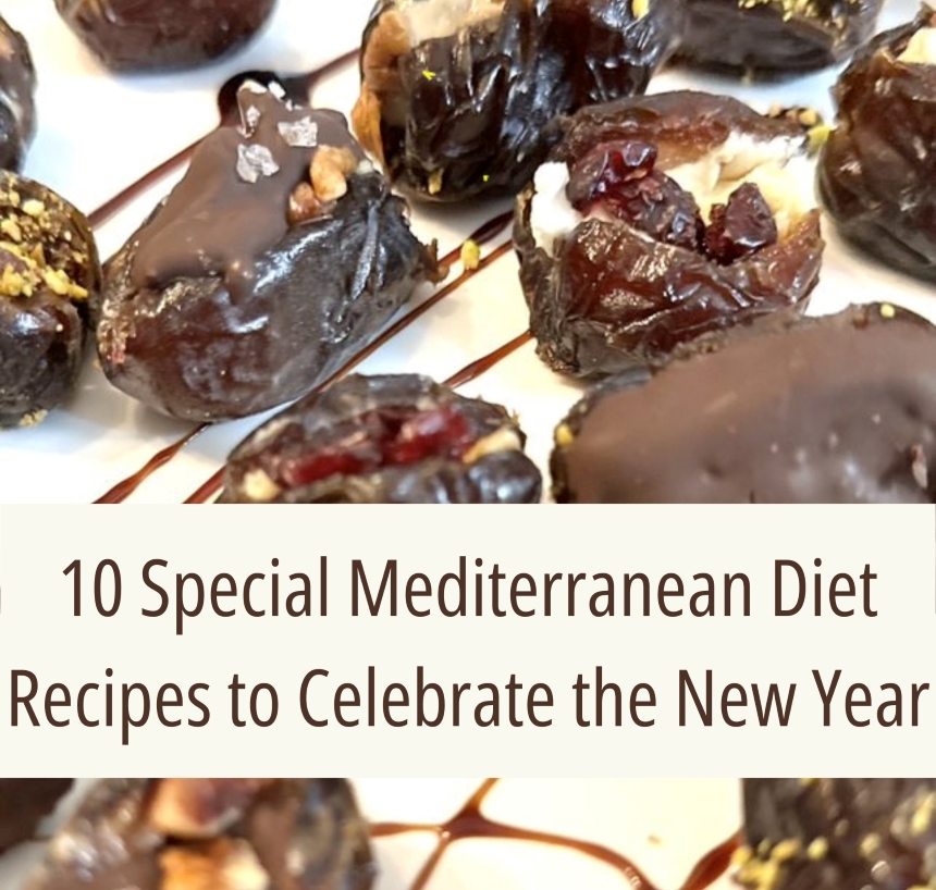 A photo of stuffed dates 10 Special Mediterranean Diet Recipes to Celebrate the New Year cover.