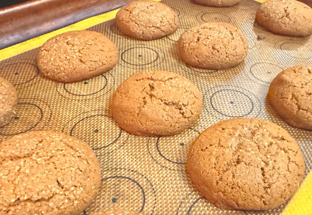 Olive Oil Molasses Dessert Cookie with Einkorn Flour Recipe On a cookie sheet after baking