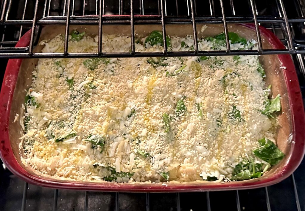 Ready to go in the oven Spaghetti Squash Casserole with Patagonian Scallops Seafood bake with spinach and goat cheese