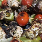 Chicken and vegetables on shish kebabs