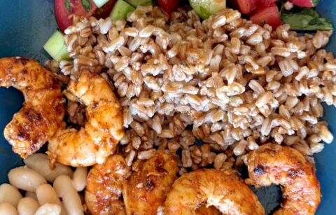 Display of one of the lunches, shrimp, farro, cannellini beans tomato and cucumber salad and a chunk of Feta cheese. Day 1 lunch of 0-day-Sicilian-Summer-meal-plan-