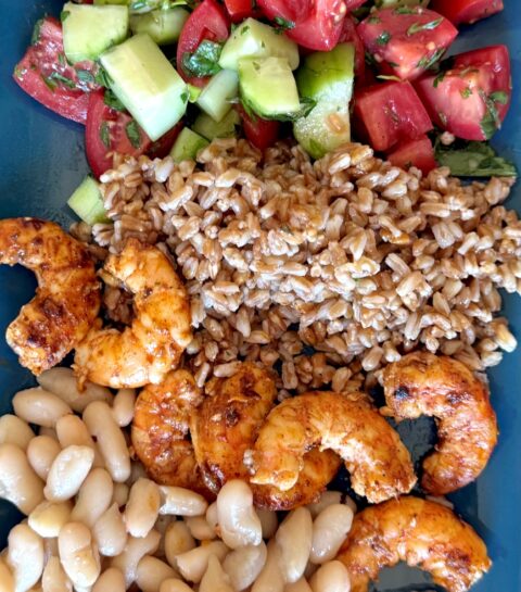 Display of one of the lunches, shrimp, farro, cannellini beans tomato and cucumber salad and a chunk of Feta cheese. Day 1 lunch of 0-day-Sicilian-Summer-meal-plan-